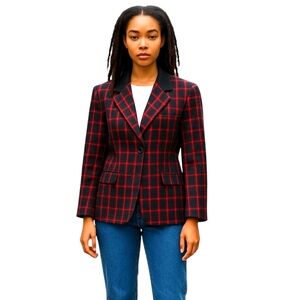Cross country Plaid jacket blazer Wool Blend Pockets Vintage Black Red SZ Large
